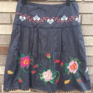 Free People charcoal A-line skirt with pink, red and green floral embroidery
